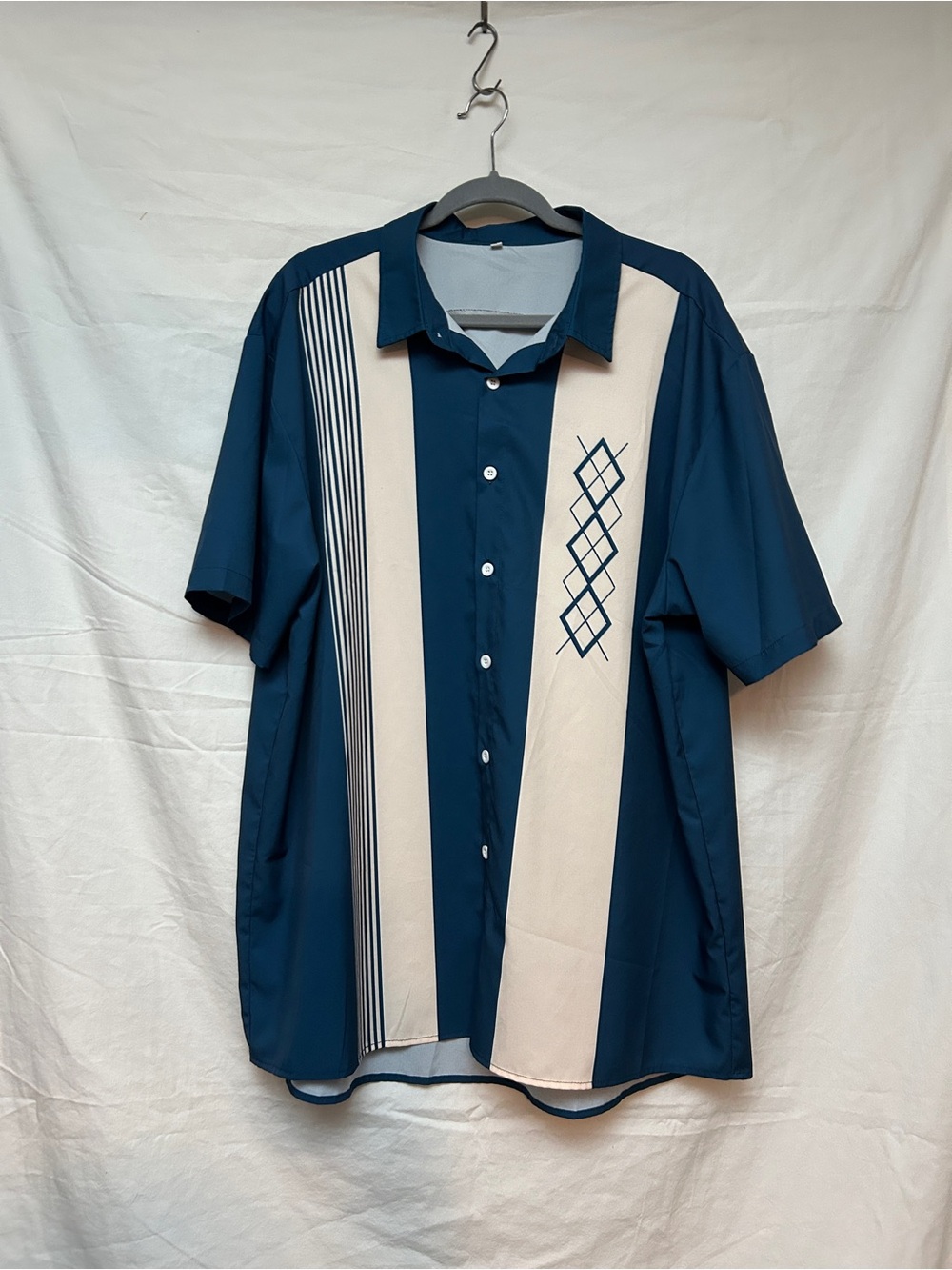 Men's Retro Short-Sleeve Panel Button-Down Bowling Shirt in Teal and Cream XL